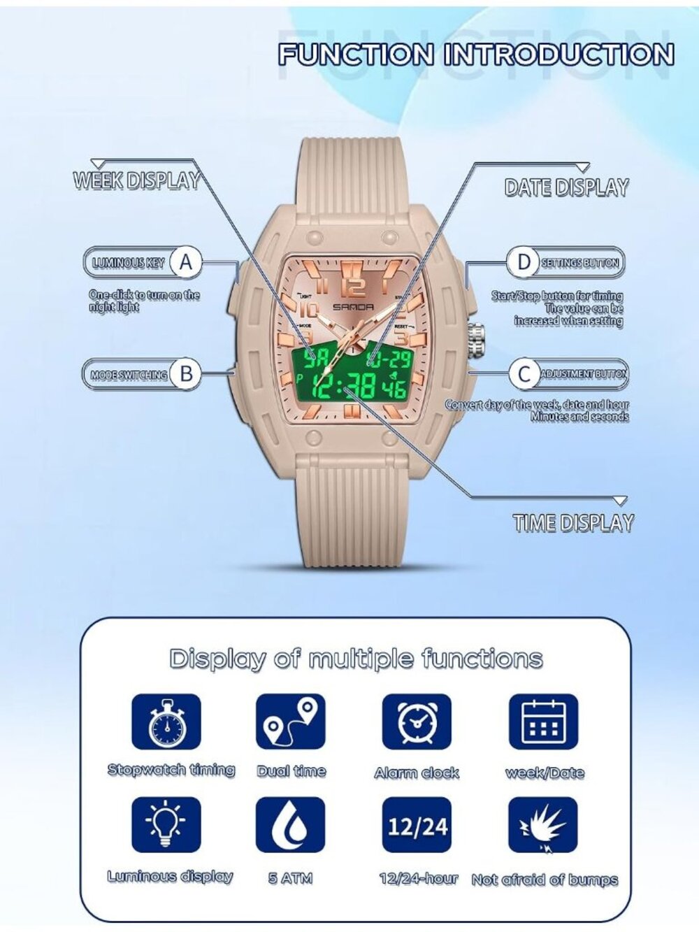 Women's Apricot Digital Analog Sports Unique Rectangle Waterproof Wrist Watches - Picture 3 of 6